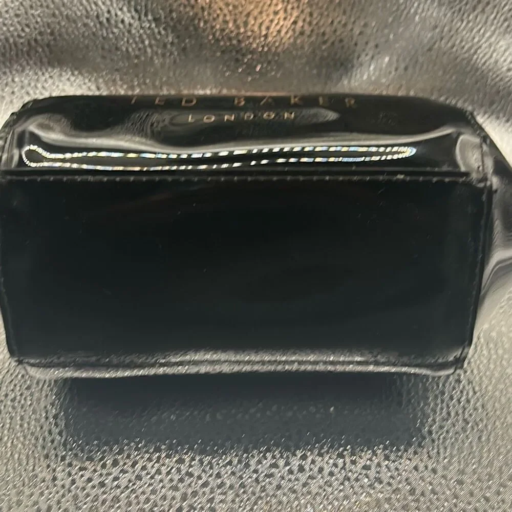 Ted Baker Bow Front Cosmetic Bag Black Patent Leather Rose Gold Hardware Travel